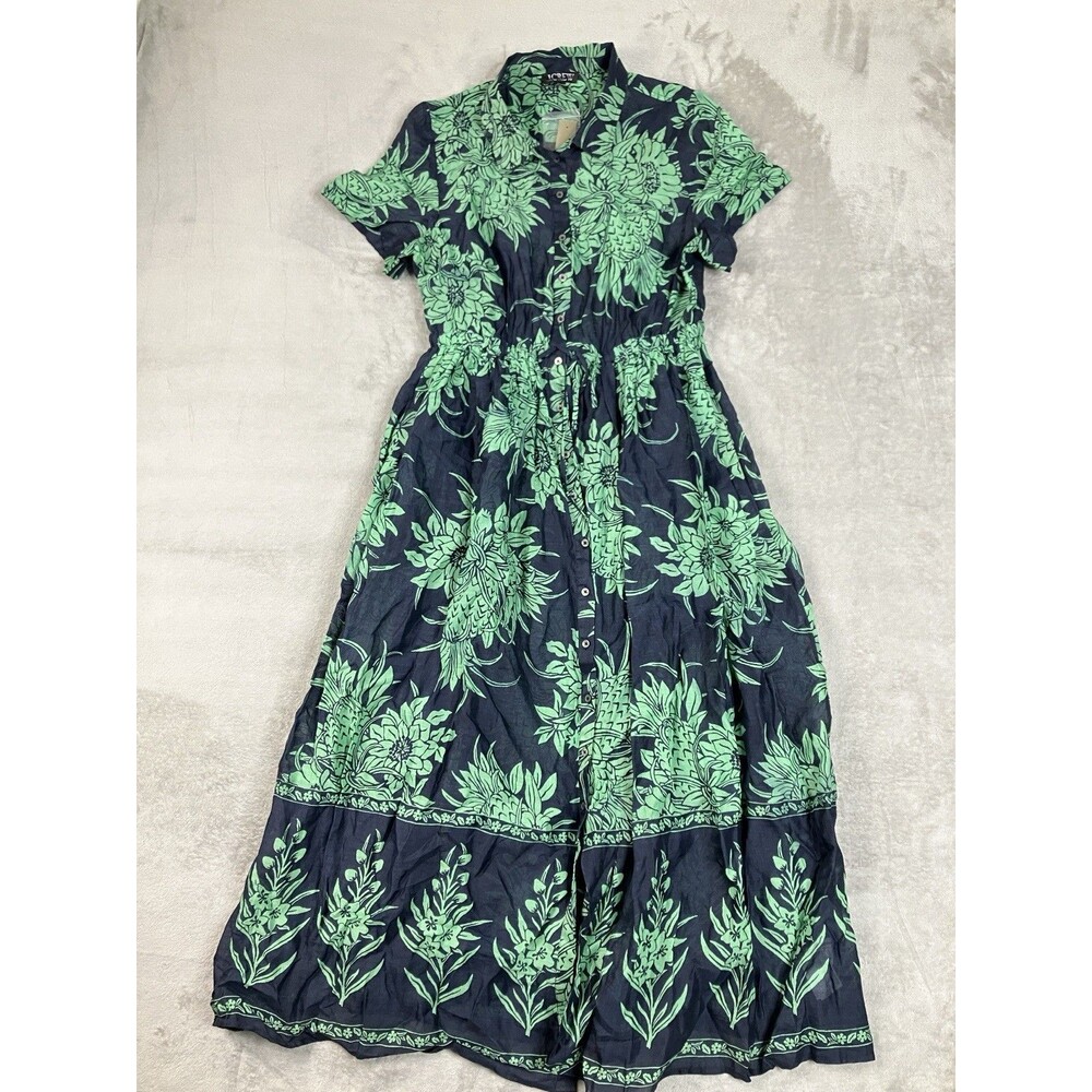 J Crew Ramie Cerise Shirt Dress Womens 12 Navy Green Pineapple Print Midi - Picture 2 of 16